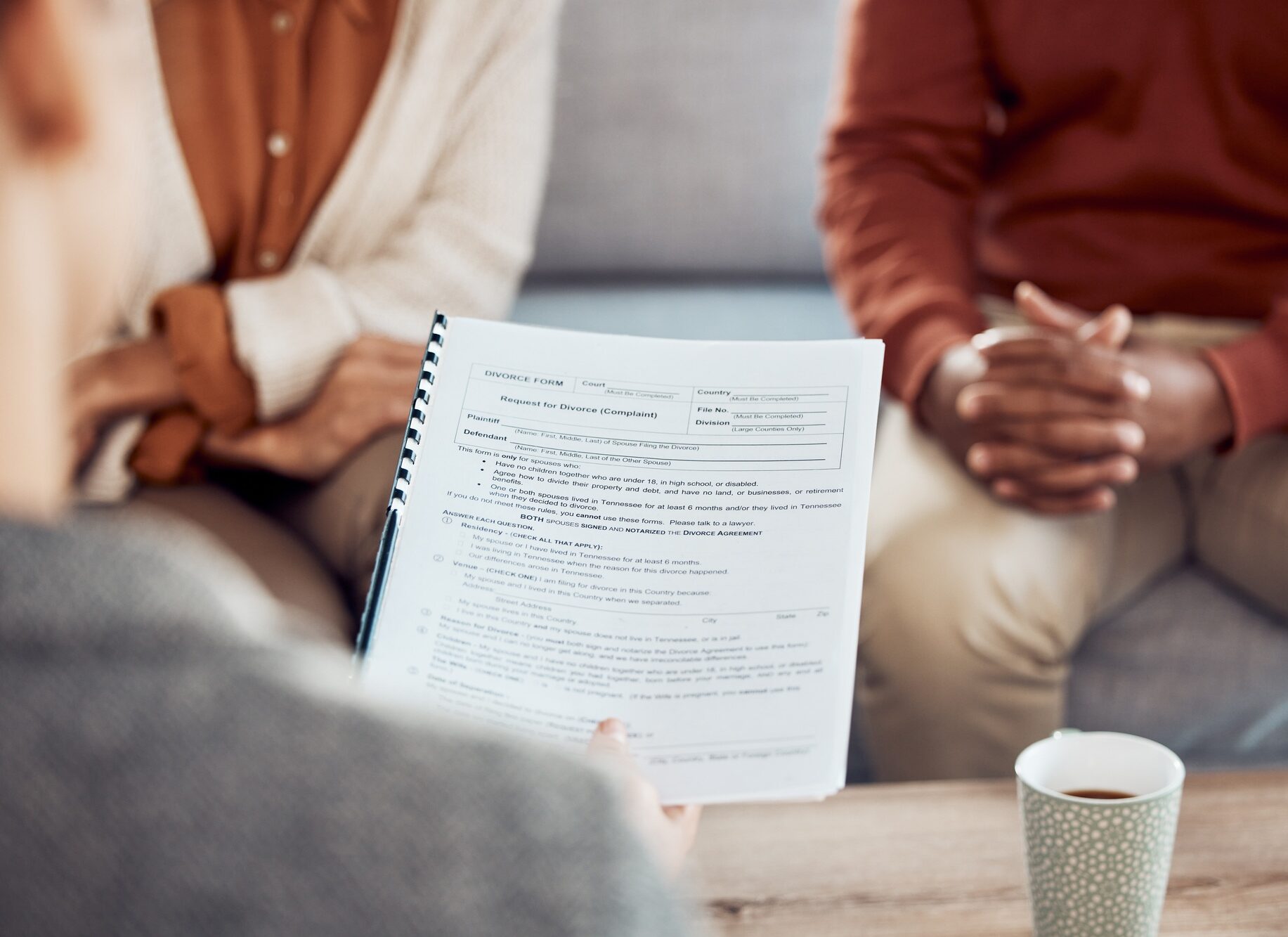 Application, business woman and couple apply for house mortgage loan. Business meeting, real estate