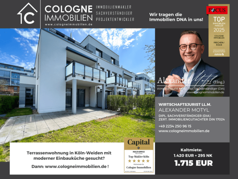 3-ZIMMER ERDGESCHOSSWOHNUNG MIT TERRASSE U. GARTEN IN KÖLN-WEIDEN NEUBAUGEBIET – erfolgreich vermittelt