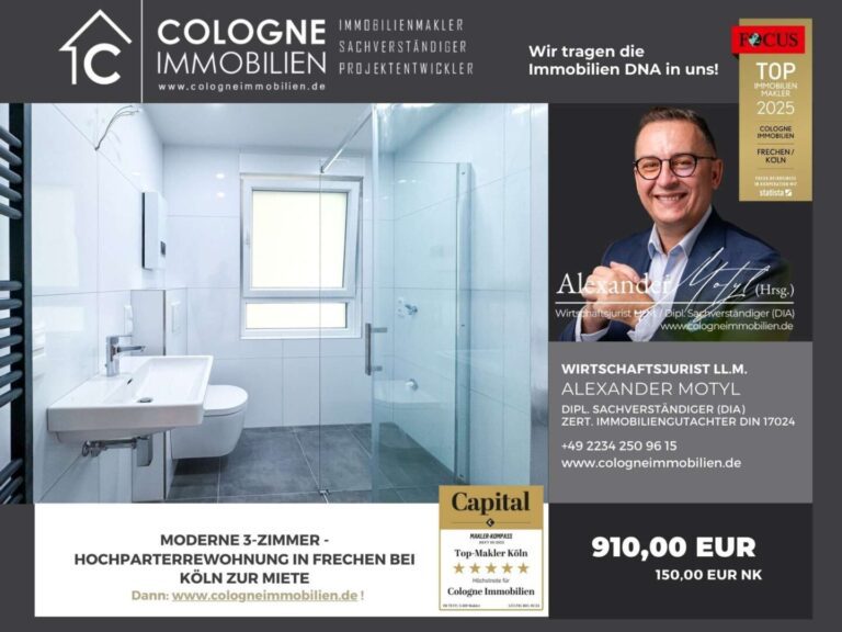 NEU SANIERTE MODERNE 3-ZIMMERWOHNUNG MIT KLIMA UND GARTEN IN FRECHEN-BACHEM BEI KÖLN – erfolgreich vermittelt