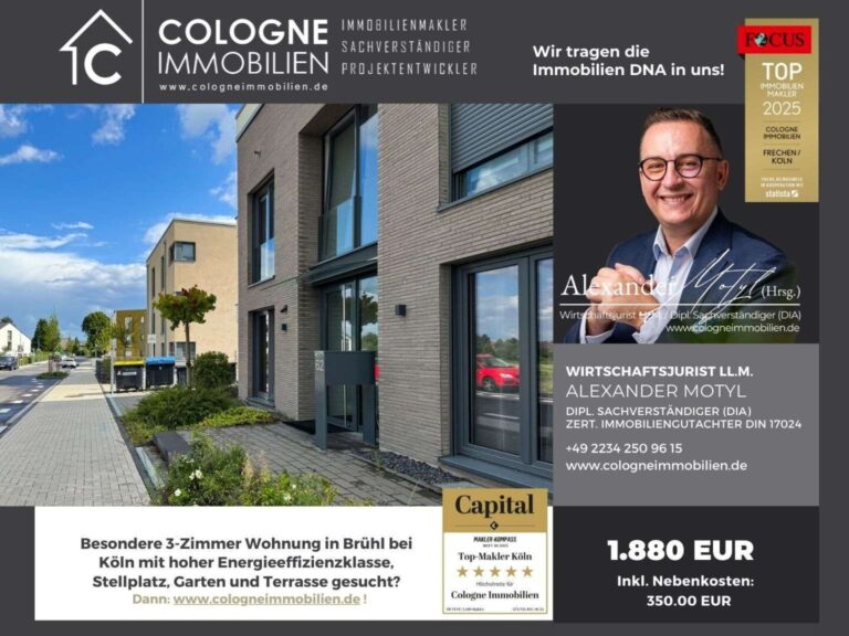 NEUBAU: MODERNE 3-ZIMMER ERDGESCHOSSWOHNUNG MIT GROßZÜGIGEM GARTEN SOWIE STELLPLATZ BEI KÖLN – erfolgreich vermittelt