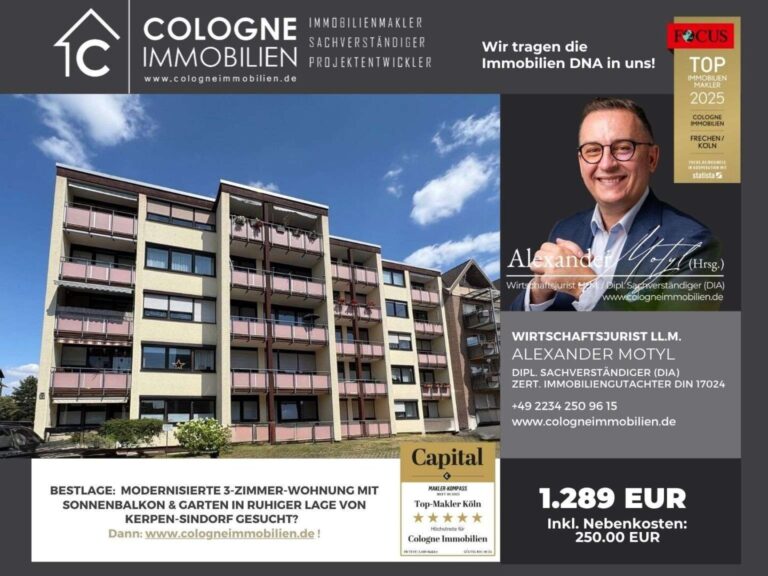MODERNISIERTE 3-ZIMMER-WOHNUNG IM 1. OG MIT SONNENBALKON & GARTEN IN RUHIGER LAGE VON KERPEN-SINDORF – erfolgreich vermittelt