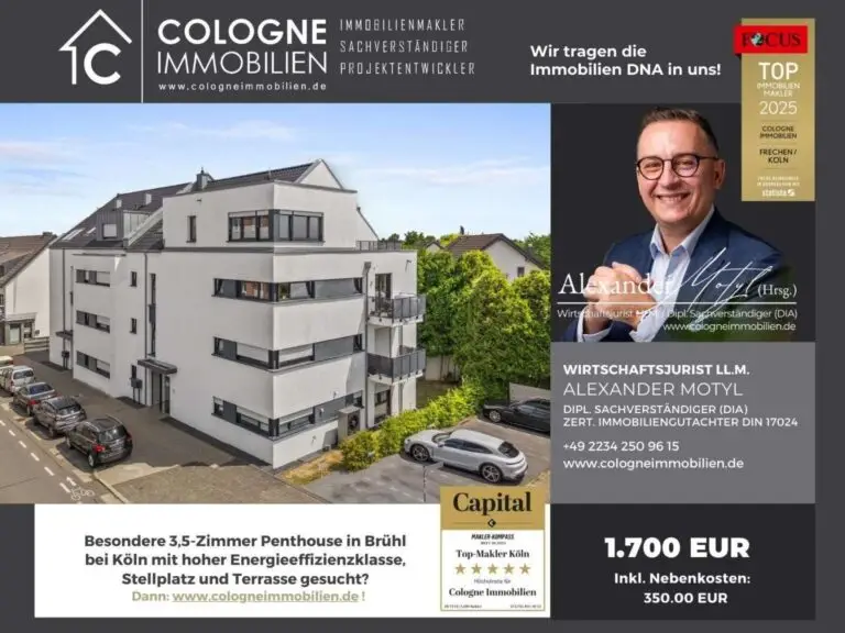 PENTHOUSE: MODERNE 3-ZIMMERWOHNUNG ÜBER DEN DÄCHERN, MIT TERRASSE UND STELLPLATZ BEI KÖLN – erfolgreich vermittelt
