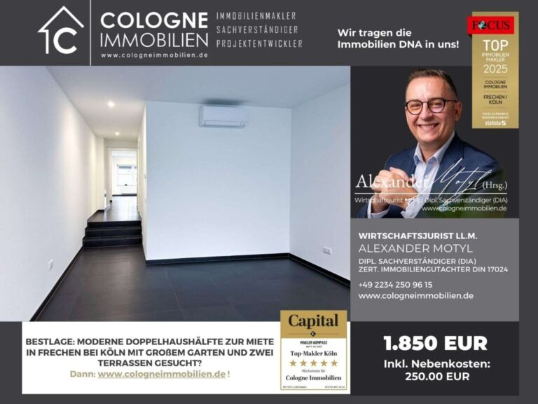 MODERNE DOPPELHAUSHÄLFTE ZUR MIETE IN FRECHEN CITY BEI KÖLN MIT GROßEM GARTEN UND ZWEI TERRASSEN – erfolgreich vermittelt