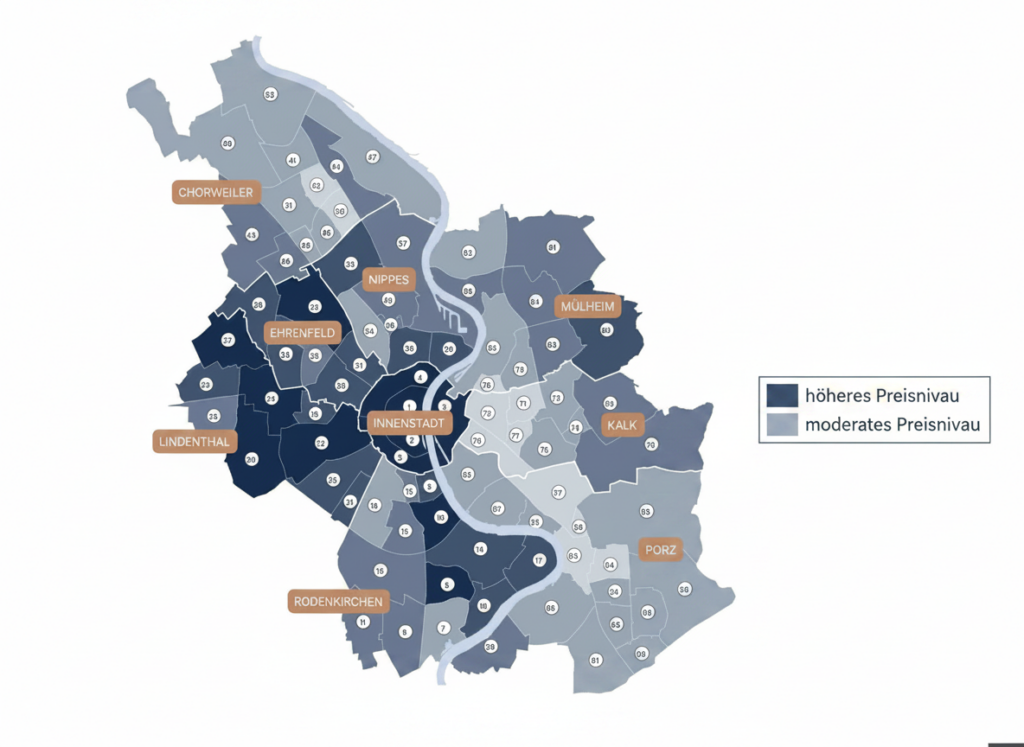 Kartendarstellung des Immobilienmarkts in Köln und im Rhein-Erft-Kreis mit ausgewählten Städten
