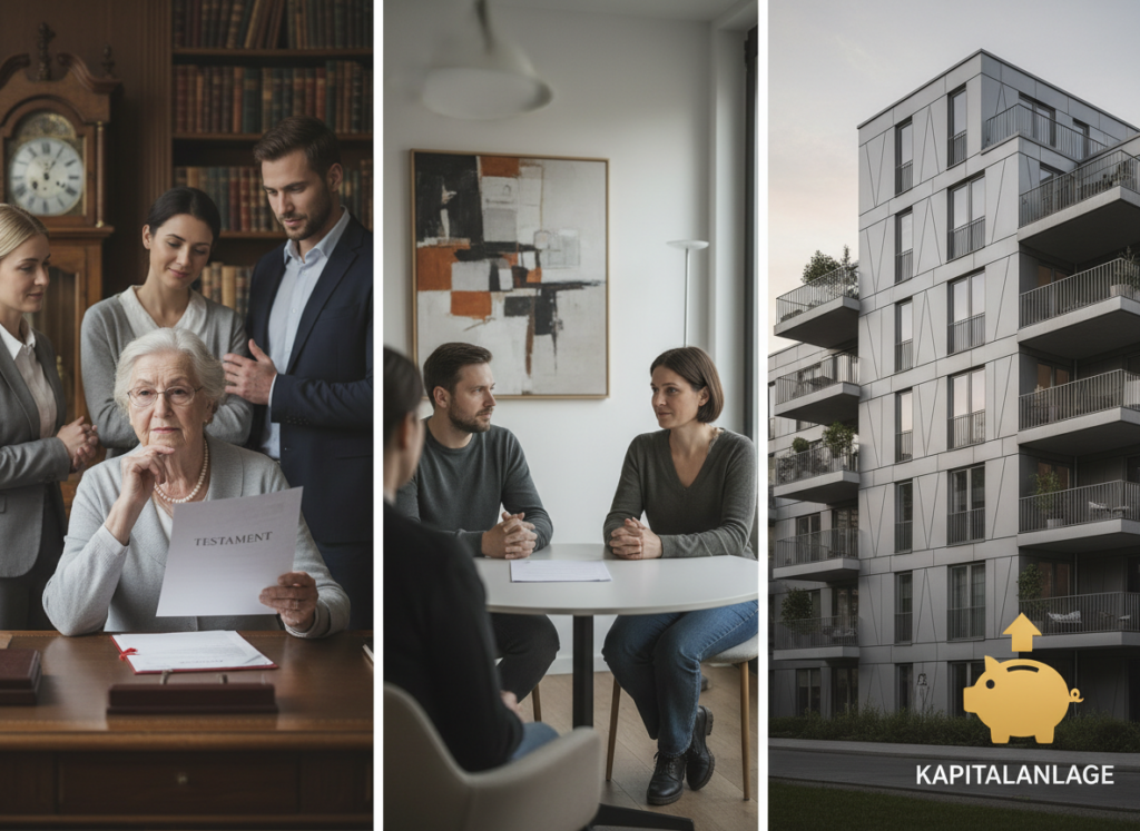 Collage typischer Anl&auml;sse f&uuml;r eine Immobilienbewertung in K&ouml;ln: Erbschaft, Scheidung, Kapitalanlage