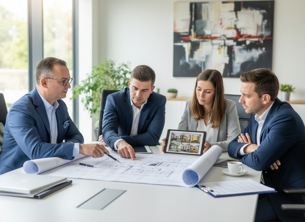 Erbengemeinschaft bespricht mit Immobilienexpertin bzw. Immobilienexperten die Zukunft einer Erbimmobilie in Köln