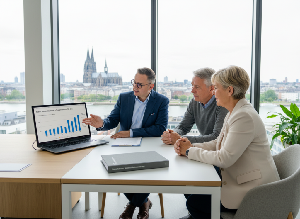 Zertifizierter Immobiliensachverst&auml;ndiger bespricht ein Verkehrswertgutachten mit Eigent&uuml;mern in K&ouml;ln