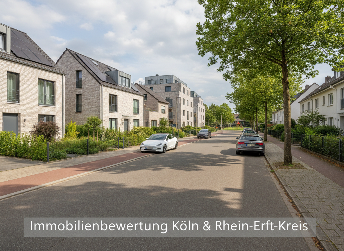 Wohnstraße mit Einfamilienhäusern im Kölner Westen – Immobilienbewertung in Köln und Rhein-Erft-Kreis