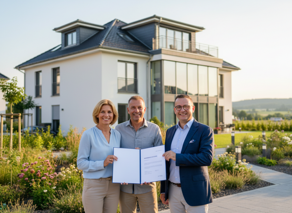 Eigent&uuml;merpaar mit Gutachten zur Immobilienbewertung vor Wohnhaus im Rhein-Erft-Kreis zusammen mit Immobilienexperten