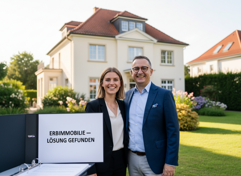 Erbin bzw. Erbe und Immobilienexperte vor Haus im Kölner Umland mit Ordner ‚Erbimmobilie – Lösung gefunden‘