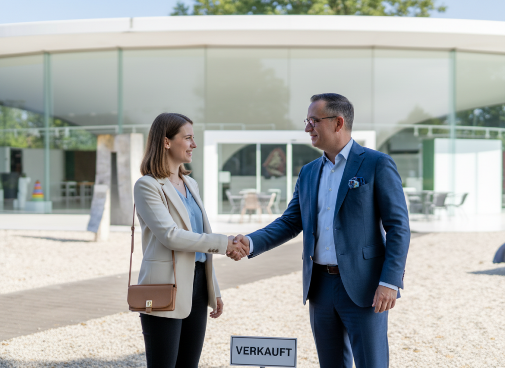 Erbin bzw. Erbe mit Immobilienexperten Herrn Motyl LL.M. und Diplom Sachverständiger für Immobilienbewertung vor Einfamilienhaus mit ‚Verkauft‘-Schild im Rhein-Erft-Kreis