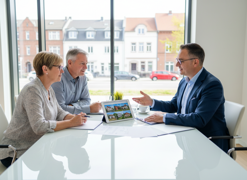 Eigent&uuml;merpaar bespricht mit Immobilienexperten den Hausverkauf in Frechen