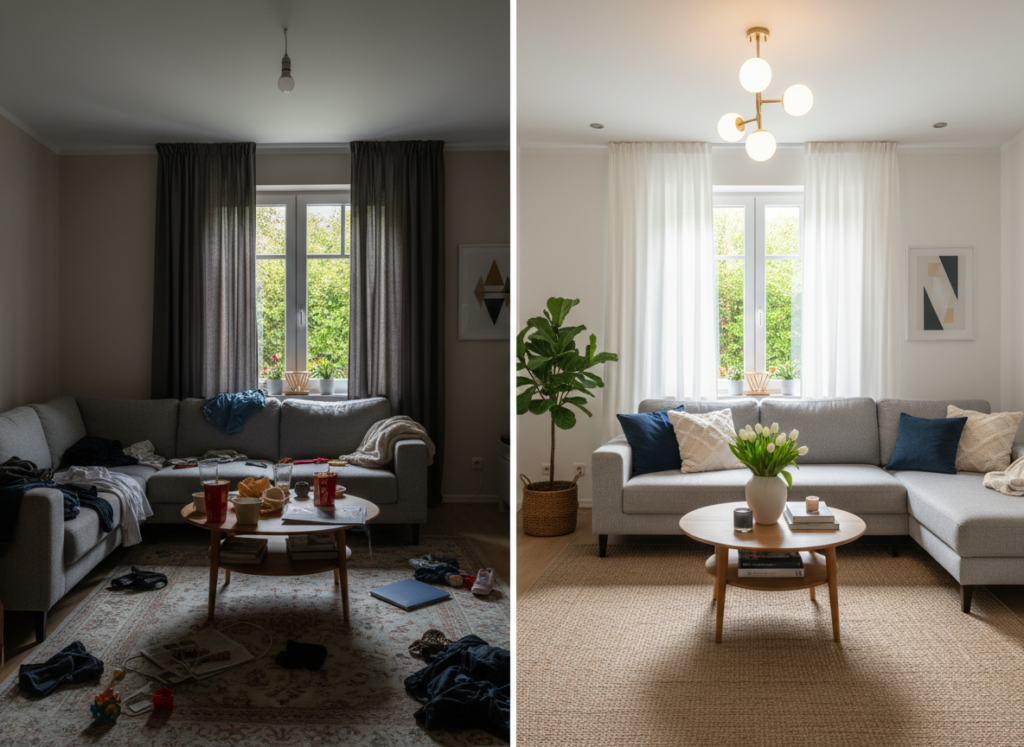 Vorher-Nachher-Vergleich eines Wohnzimmers nach Homestaging f&uuml;r den Hausverkauf in Frechen