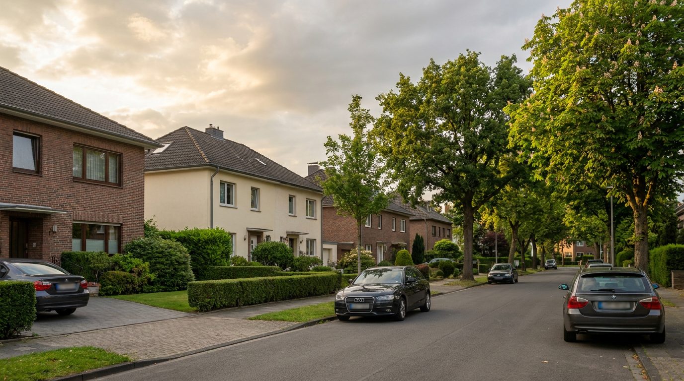 Ruhige Wohnstraße mit Einfamilienhäusern und Vorgärten in Köln-Lövenich