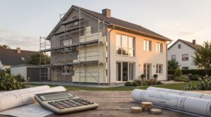 Einfamilienhaus halb eingerüstet mit Dämmplatten, halb fertig saniert – Symbolbild sanieren oder verkaufen (KI-generierte Visualisierung)