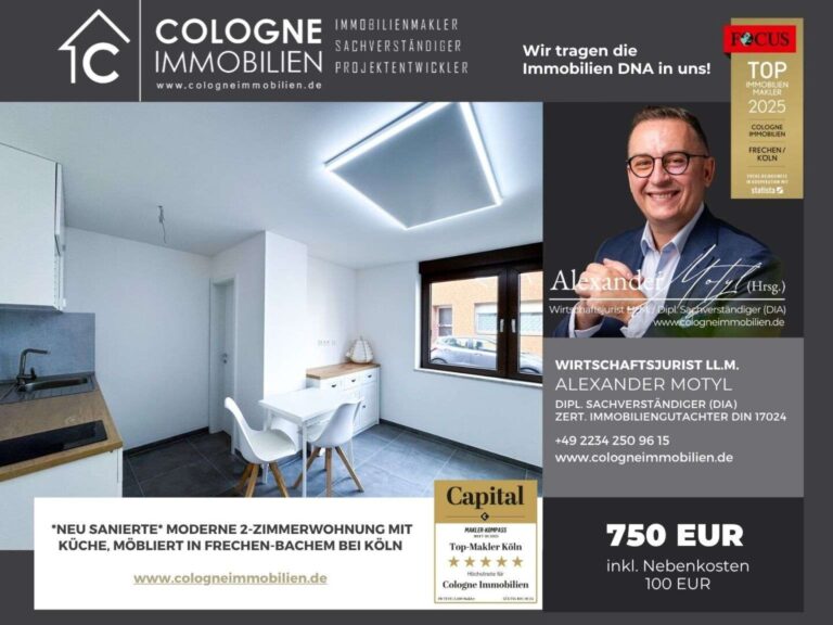 NEU SANIERTE MODERNE 2-ZIMMERWOHNUNG MIT KÜCHE UND MÖBEL IN FRECHEN-BACHEM BEI KÖLN – erfolgreich vermittelt