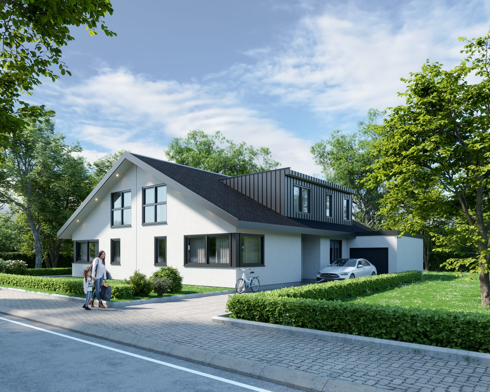 Visualisierung der Straßenansicht: Doppelhaushälfte mit weißem Putz, anthrazitfarbenen Fenstern, Gaube und angebauter Garage.