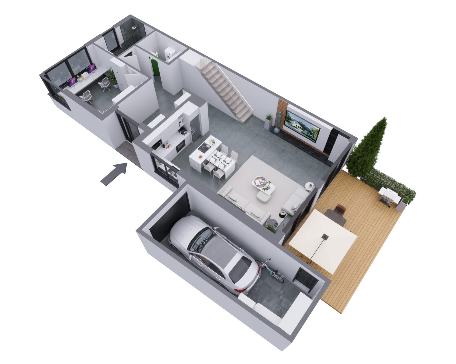 Dreidimensionale Grundrissdarstellung des Erdgeschosses mit Garage, Diele, Wohn-Ess-Bereich, Küche, Arbeitszimmer und Terrasse.