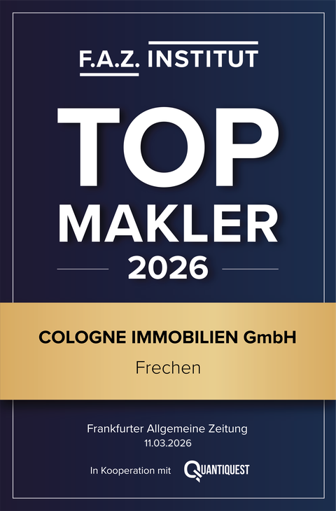 Siegel des F.A.Z.-Instituts: TOP MAKLER 2026 für die COLOGNE IMMOBILIEN GmbH, Frechen – veröffentlicht in der Frankfurter Allgemeinen Zeitung am 11.03.2026, in Kooperation mit QuantiQuest.