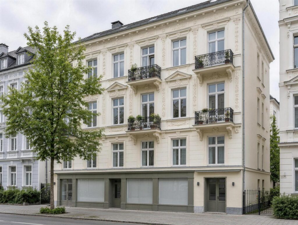 Saniertes Gründerzeit-Zinshaus mit Stuckfassade und Ladenlokal im Erdgeschoss – Visualisierung