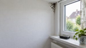 KI-generierte Visualisierung, kein reales Objekt: Zimmerecke mit Schimmelflecken und Feuchtemessgerät auf der Fensterbank, Symbolbild zum Verkauf eines Hauses mit Schimmel