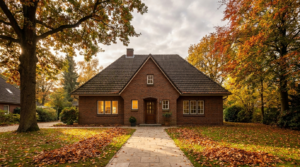 KI-generierte Visualisierung: Einfamilienhaus mit Garten im Herbst