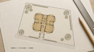 Visualisierung eines Lageplans mit Grundstücks- und Gebäudefläche zur Kaufpreisaufteilung – KI-generiert, kein reales Objekt