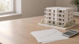 KI-generierte Visualisierung: Architekturmodell eines Mehrfamilienhauses mit Taschenrechner – Symbolbild Zinsen und Immobilienwert