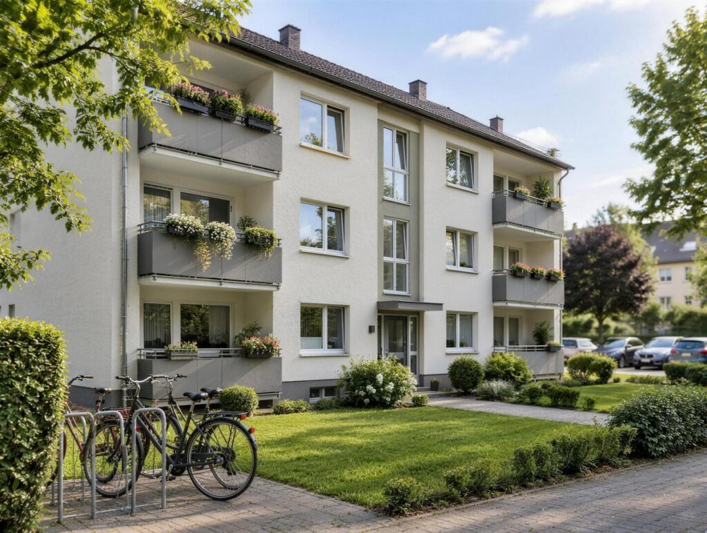 Gepflegtes Mehrfamilienhaus aus den 1970er-Jahren mit Balkonen und Grünfläche – Visualisierung