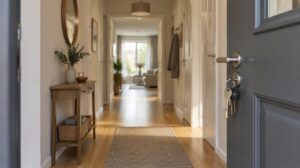 Offene Haustür mit Schlüsselbund, Blick in einen hellen Hausflur – KI-generierte Visualisierung, kein reales Objekt