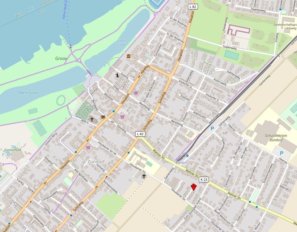 Kartenausschnitt von Köln-Porz-Zündorf mit Ortskern, Rheinufer, Groov und der Lage des Projekts.