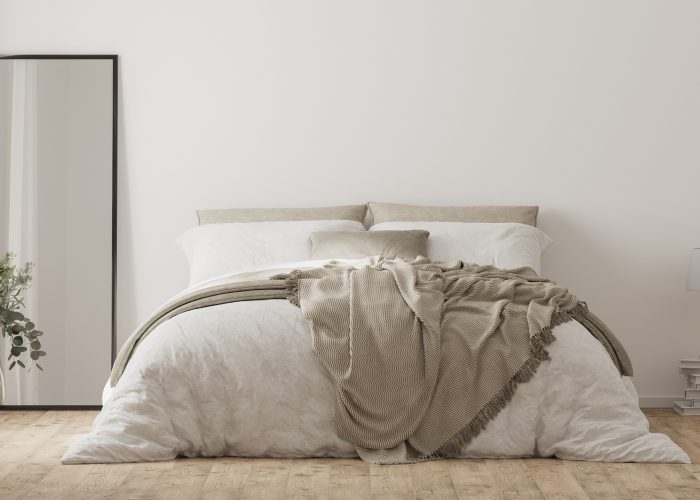 Bedroom interior with bed, mirror and decor, home interior mockup, 3d render