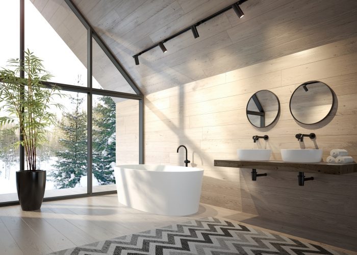 Interior bathroom of a forest house 3D rendering